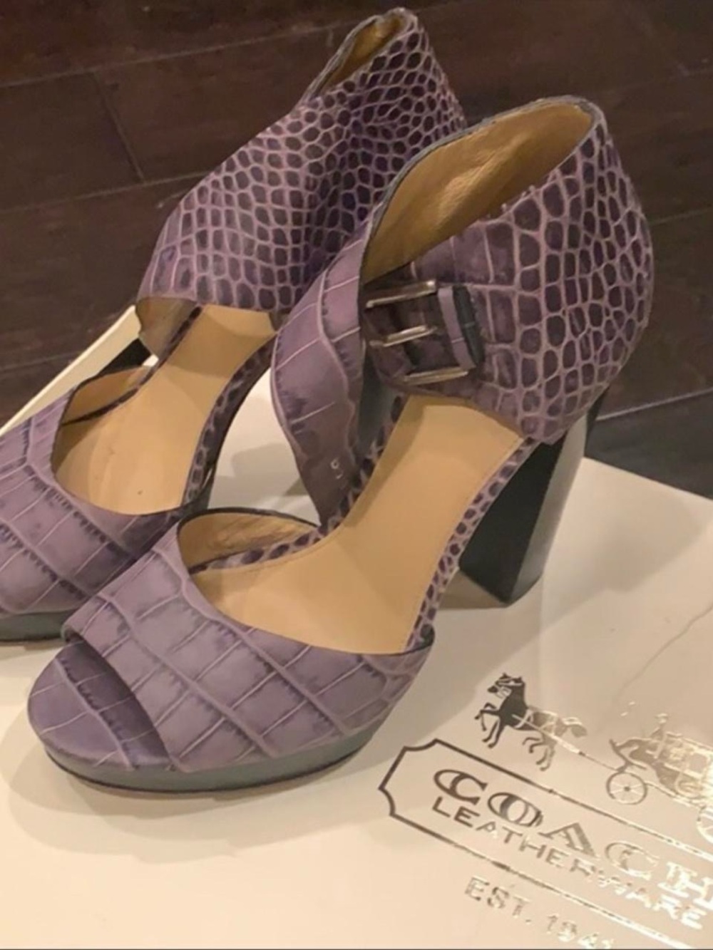 Coach Lilac Croc-Embossed Leather Block Heel Sandals